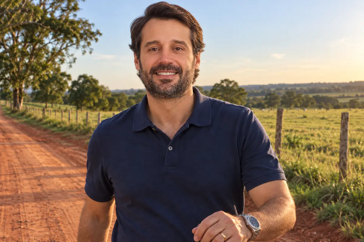 Guilherme Piai, de polo azul-marinho, olha para a câmera em uma estrada de terra vermelha, ao lado de pasto e cerca