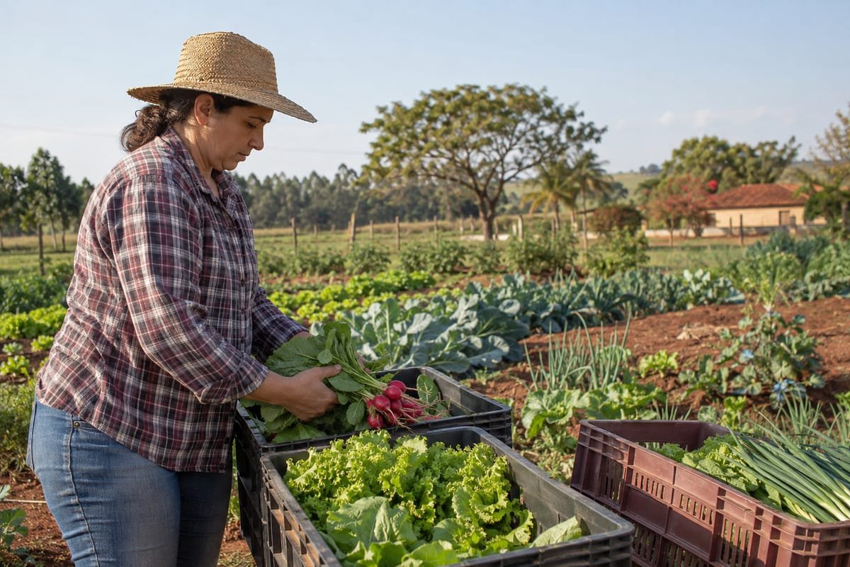 Mulher de chapéu de palha e camisa xadrez segurando rabanetes e folhas, ao lado de caixas de verduras em uma horta