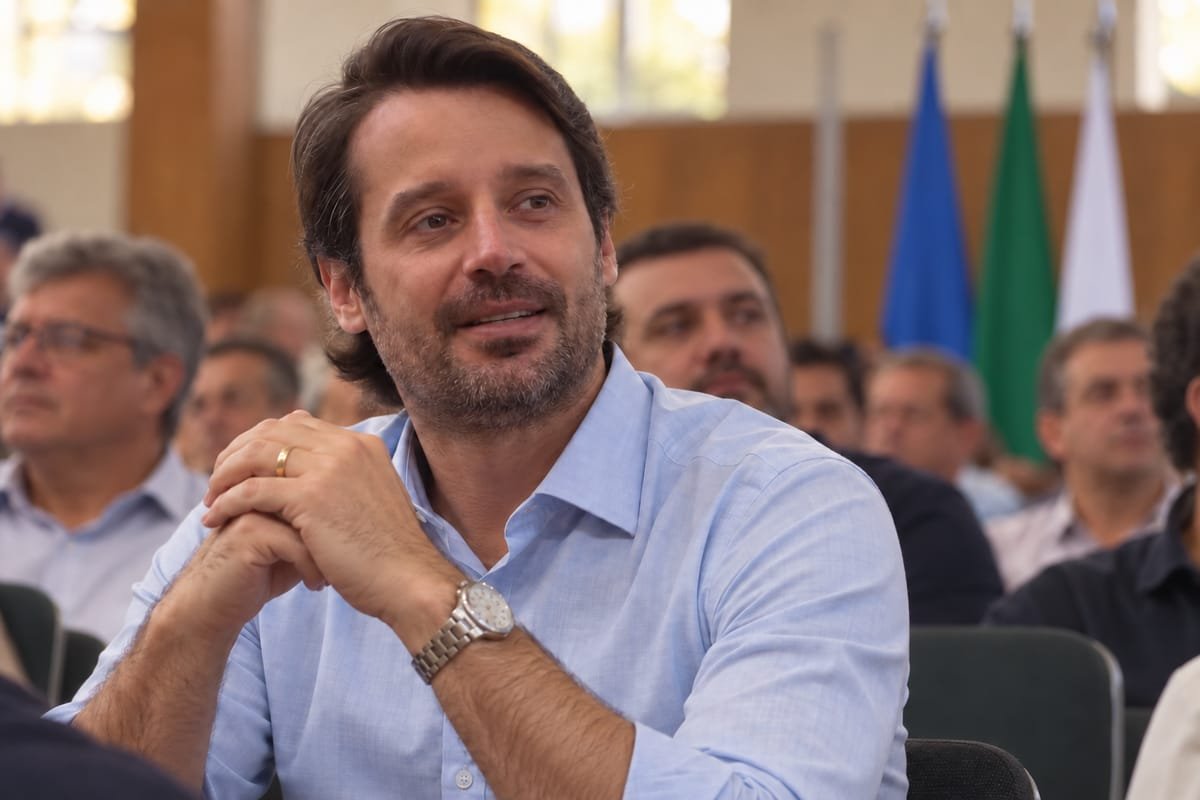 Guilherme Piai, de camisa social azul clara, sentado em uma plateia, com bandeiras ao fundo