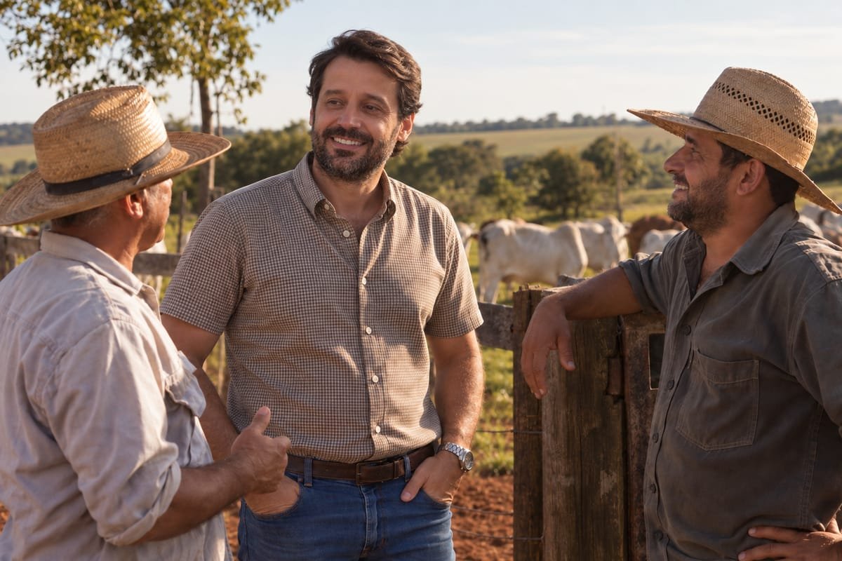 Guilherme Piai, de camisa de xadrez miúdo marrom e bege de manga curta, sorrindo, ao lado de dois homens de chapéu de palha, junto a uma porteira de madeira, com gado ao fundo