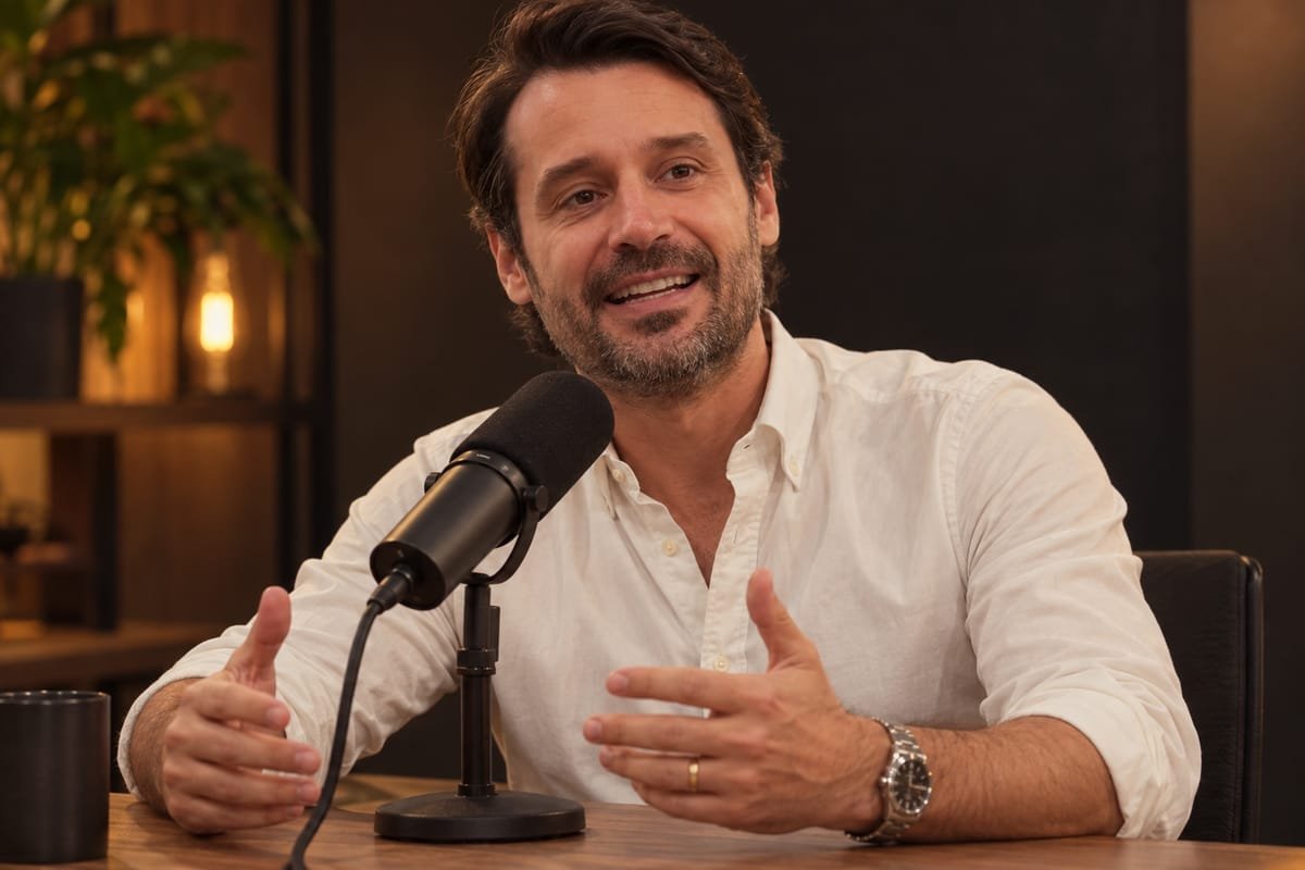Guilherme Piai, de camisa social branca, sorrindo e gesticulando, sentado diante de um microfone de estúdio, em um ambiente de luz baixa