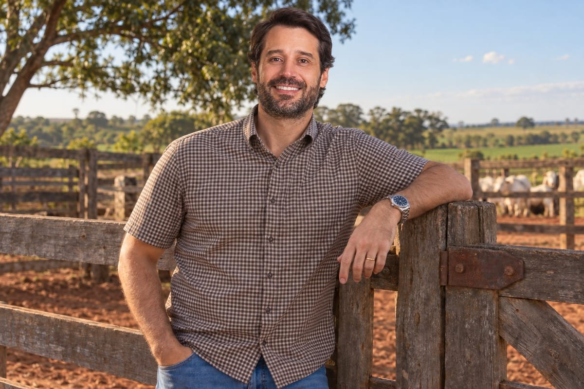Guilherme Piai, de camisa de xadrez miúdo marrom e bege de manga curta, sorrindo, com o braço apoiado em uma porteira de madeira de curral, com gado ao fundo