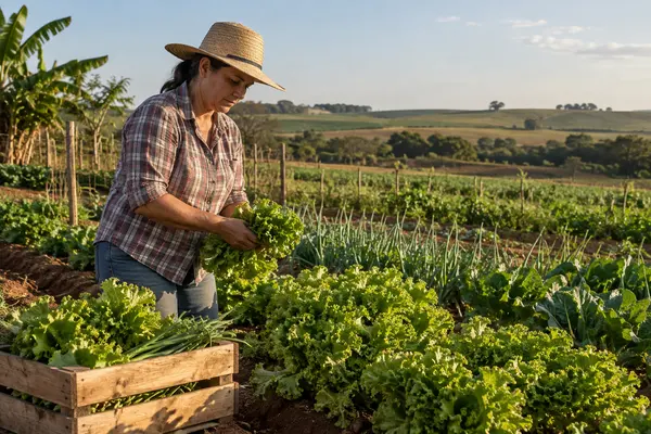 Mulher de chapéu de palha e camisa xadrez segura alfaces em uma horta, com uma caixa de madeira de verduras em primeiro plano