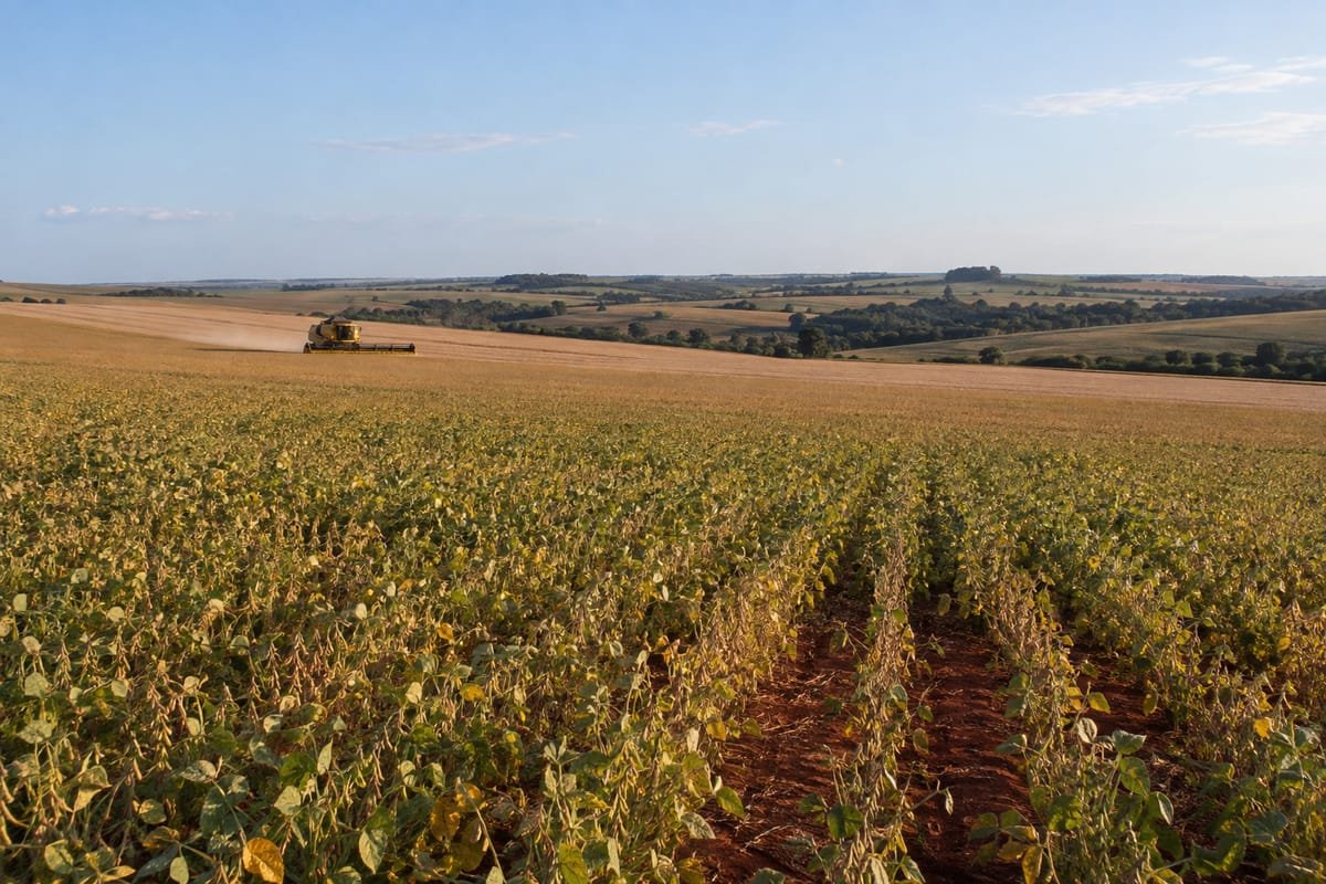 Colheitadeira ao fundo de uma lavoura de soja amadurecendo, em área de morros suaves