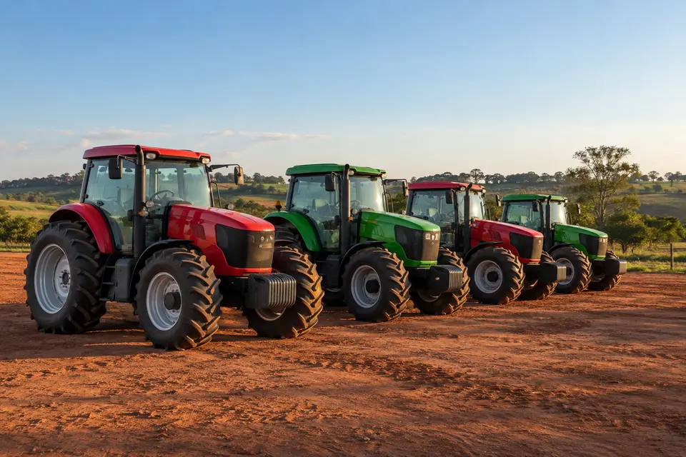 Quatro tratores vermelhos e verdes enfileirados em terra vermelha, com pastos e árvores ao fundo